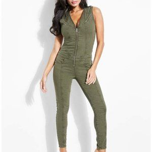 Sexy GUESS Women's Cara Zip-Front Denim Jumpsuit - Army Olive - XS